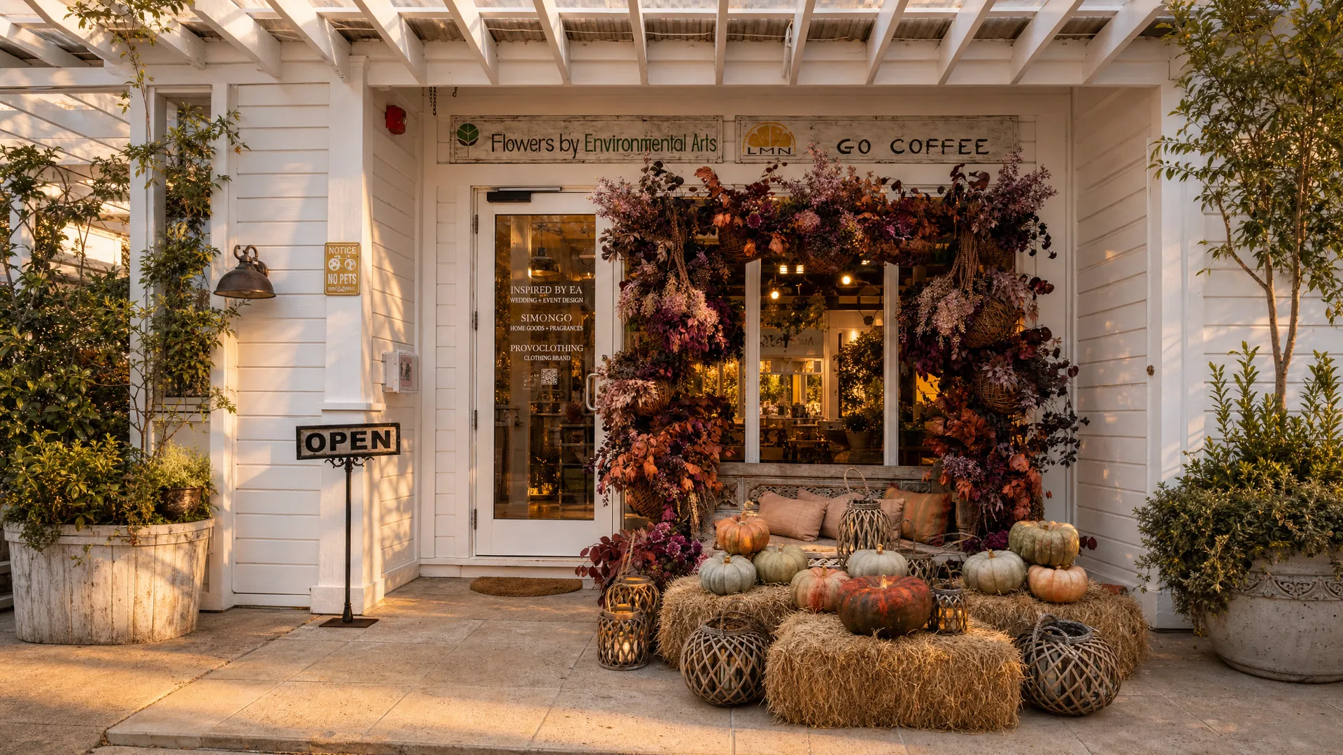 The Flowers by EA storefront on Grace Bay Road, dressed in autumn florals, pumpkins and hay bales
